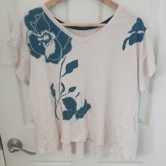 Pilcro Anthropologie Cream and Blue Floral Blouse Linen Cotton Blend Large - Picture 2 of 10